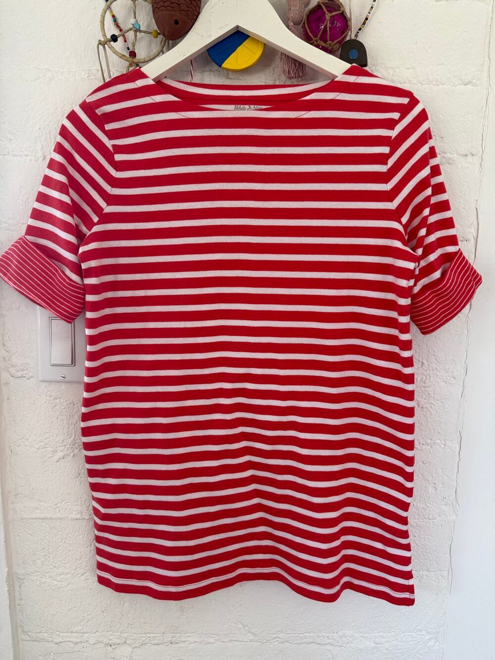 White Stag Coral Red White Breton Stripe Tee Medium Coastal French Sailor
